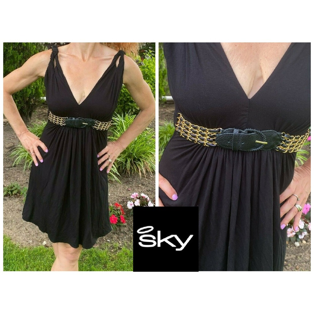 SKY BRAND BLACK GOLD CHAIN LEATHER BELT V NECK SLEEVELESS TUNIC MINI DRESS S/M